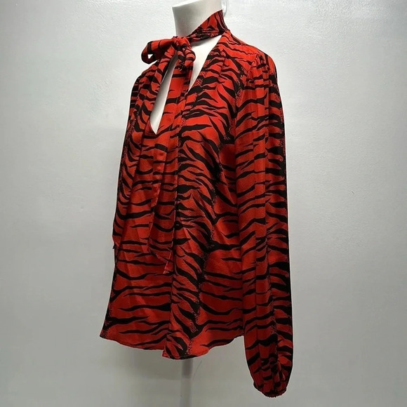 Rixo Moss Blouse Long Sleeve Shirt V-Neck Animal Print Tie Bow Silk Red Medium - Picture 8 of 11